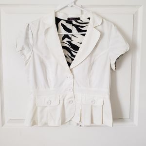 Von Mozart Black Top Cap Sleeve Deep V Neck Collared Button Closure Mock Pockets